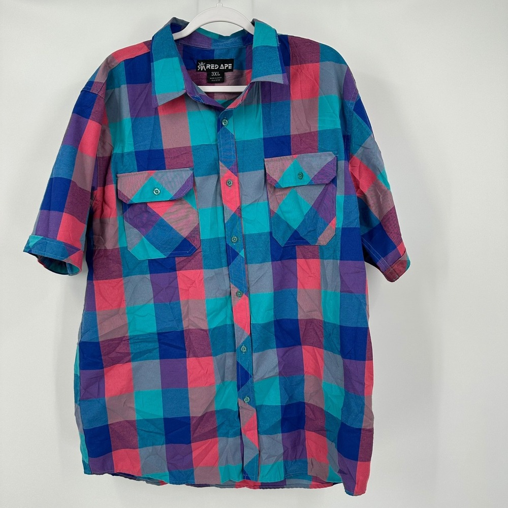 Red Ape Mens 90s Streetwear Plaid Shirt Size 3XL Colorblock Bold Hip Hop Retro